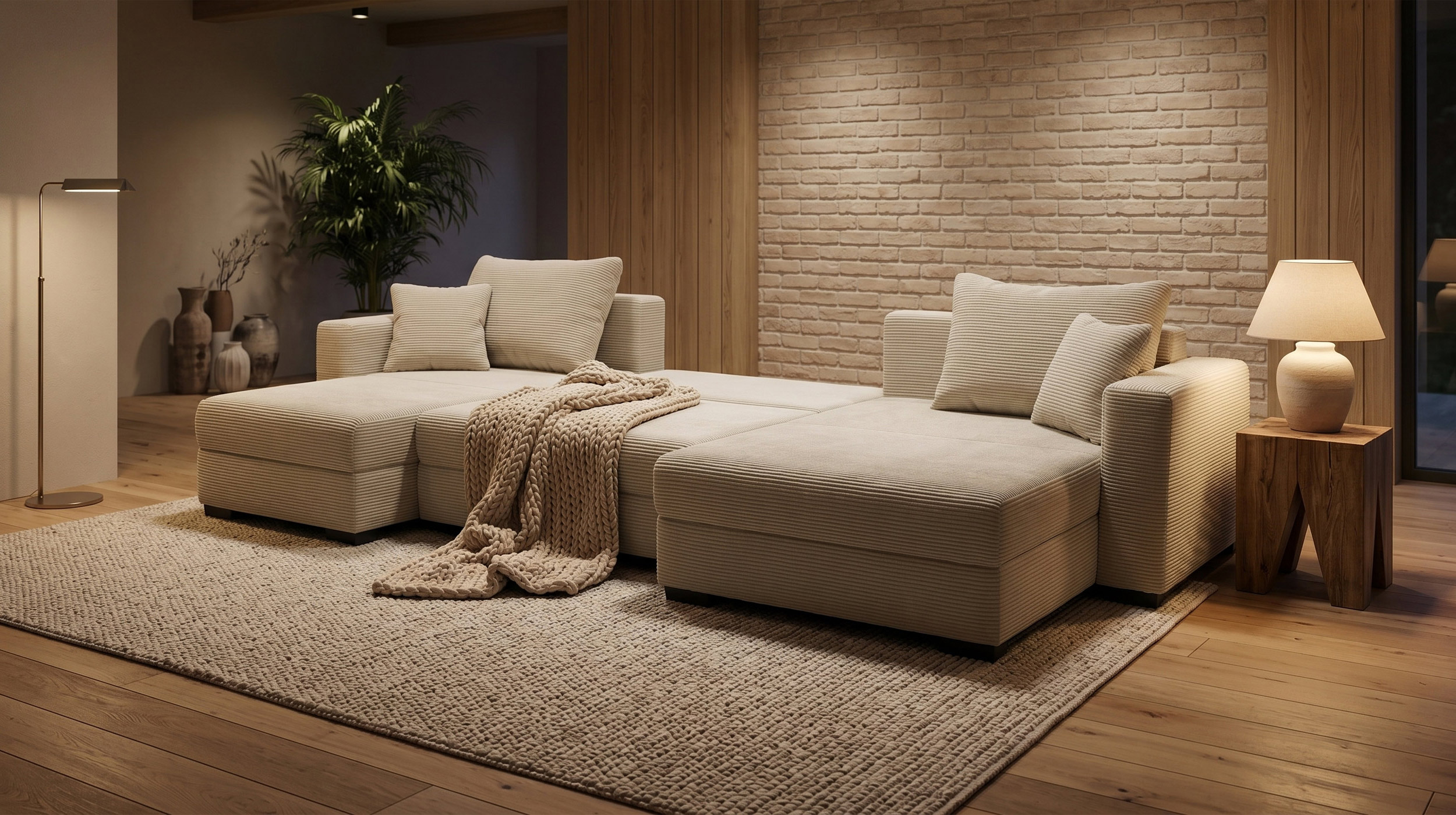 Wohnlandschaft mit Schlaffunktion Cord grau-beige 342 cm - SELMA
